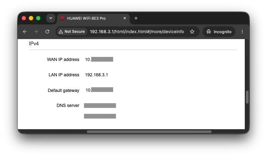 The IPv4 tab of a modem's admin panel; the WAN IP address is in a private range starting with 10, the LAN IP address is 192.168.3.1