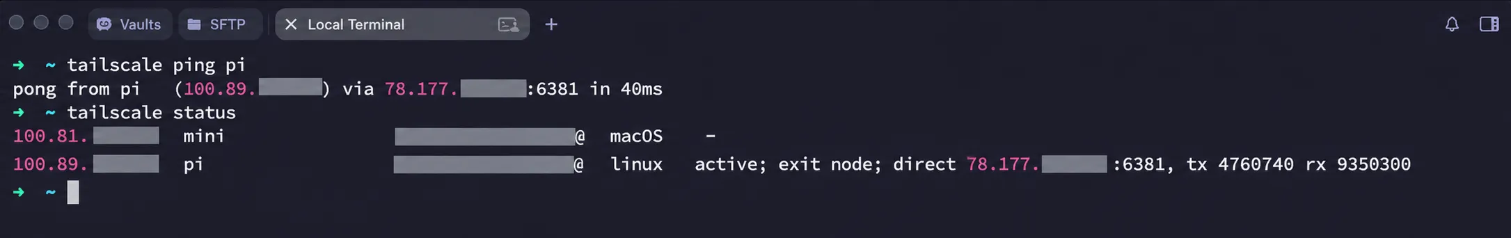 Output of tailscale ping and tailscale status run from mini in a terminal; the pi node is connected as active; exit node; direct 78.177.x.x:6381, along with tx/rx traffic counters